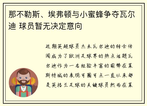 那不勒斯、埃弗顿与小蜜蜂争夺瓦尔迪 球员暂无决定意向