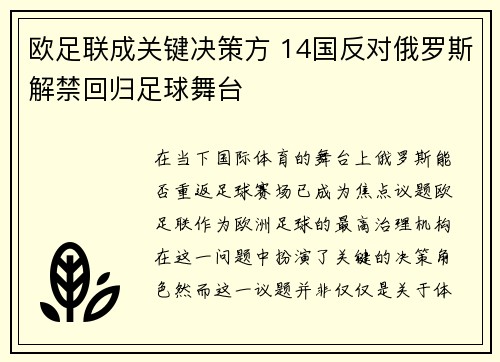 欧足联成关键决策方 14国反对俄罗斯解禁回归足球舞台