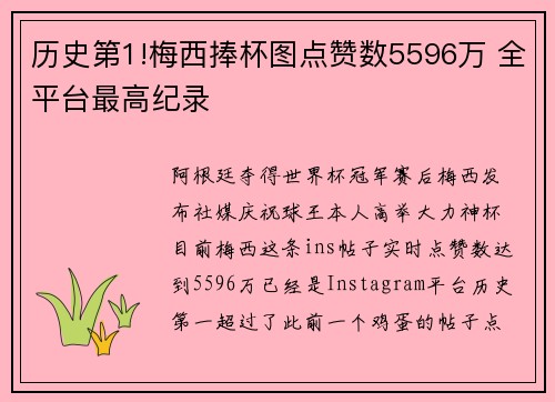 历史第1!梅西捧杯图点赞数5596万 全平台最高纪录